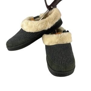 Clarks Grey Knit Green Leather Faux Fur Slippers Womens 8 Indoor Outdoor Comfort